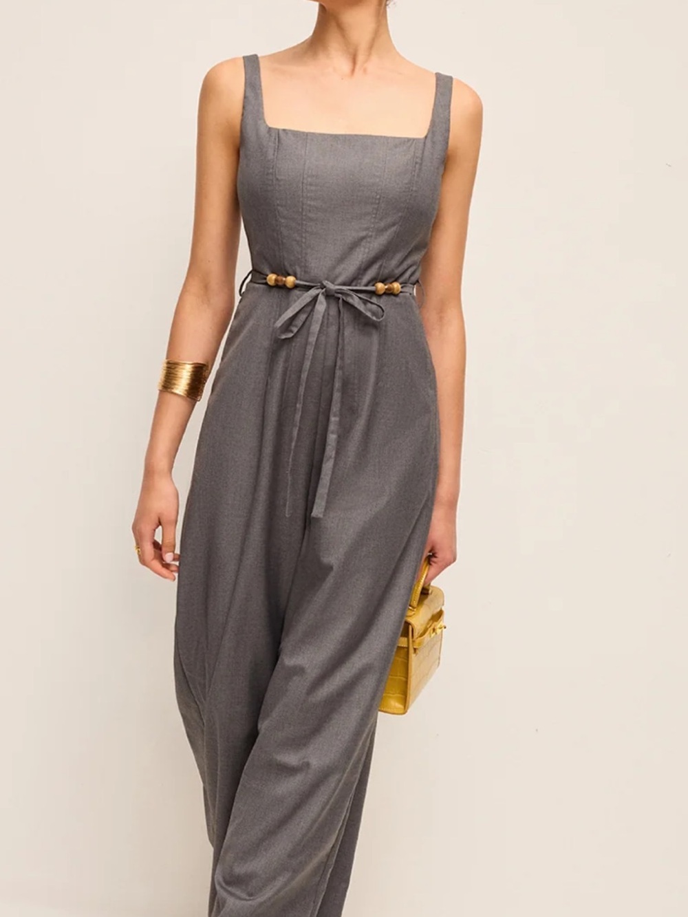 Commense Grey Square-Neck Sleeveless Jumpsuit with Waist Tie